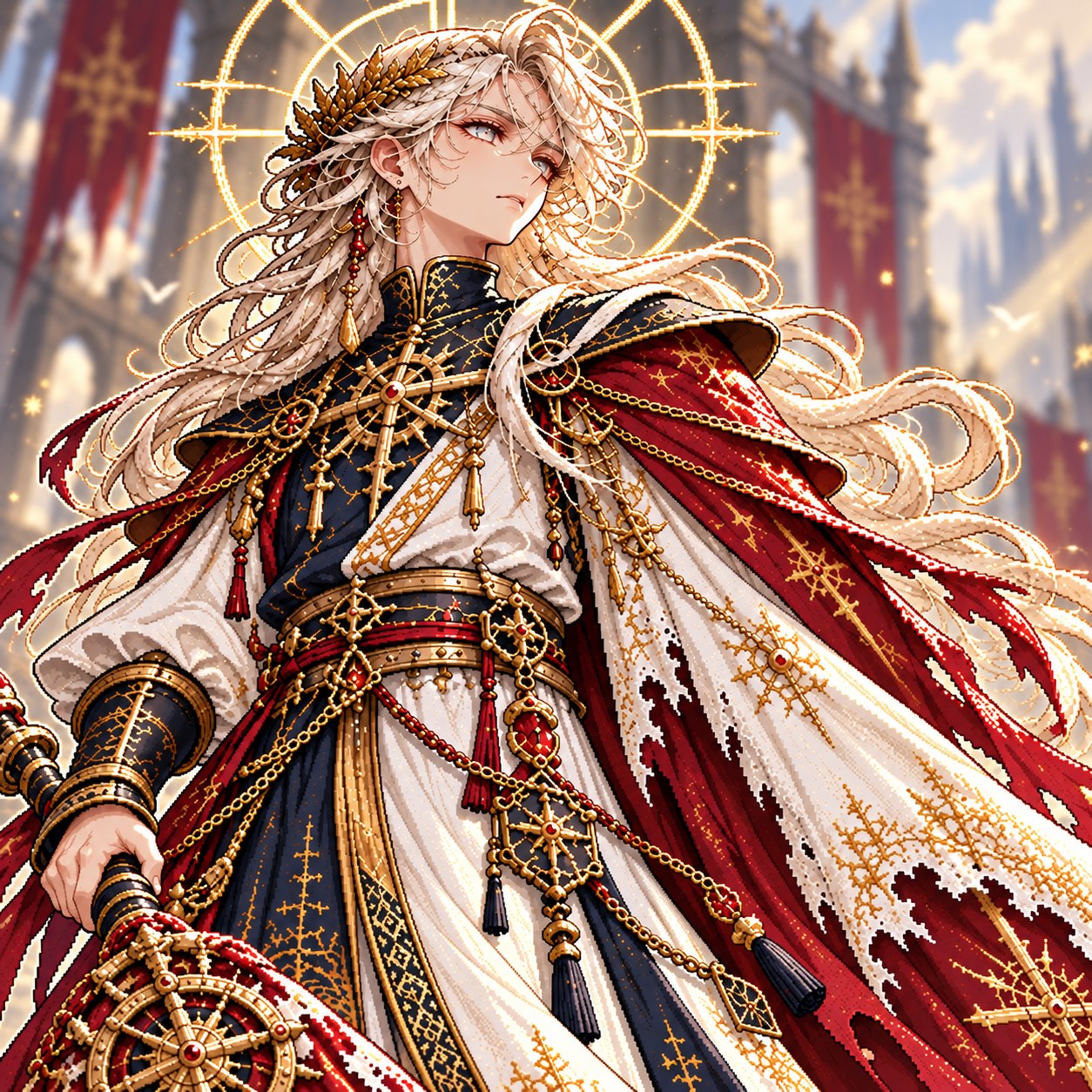 Azrael, a silver-haired guardian beneath a radiant broken halo